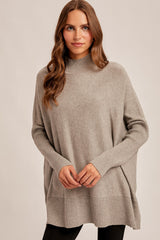 Grey Mock Neck Oversized Sir Slit Sweater Top