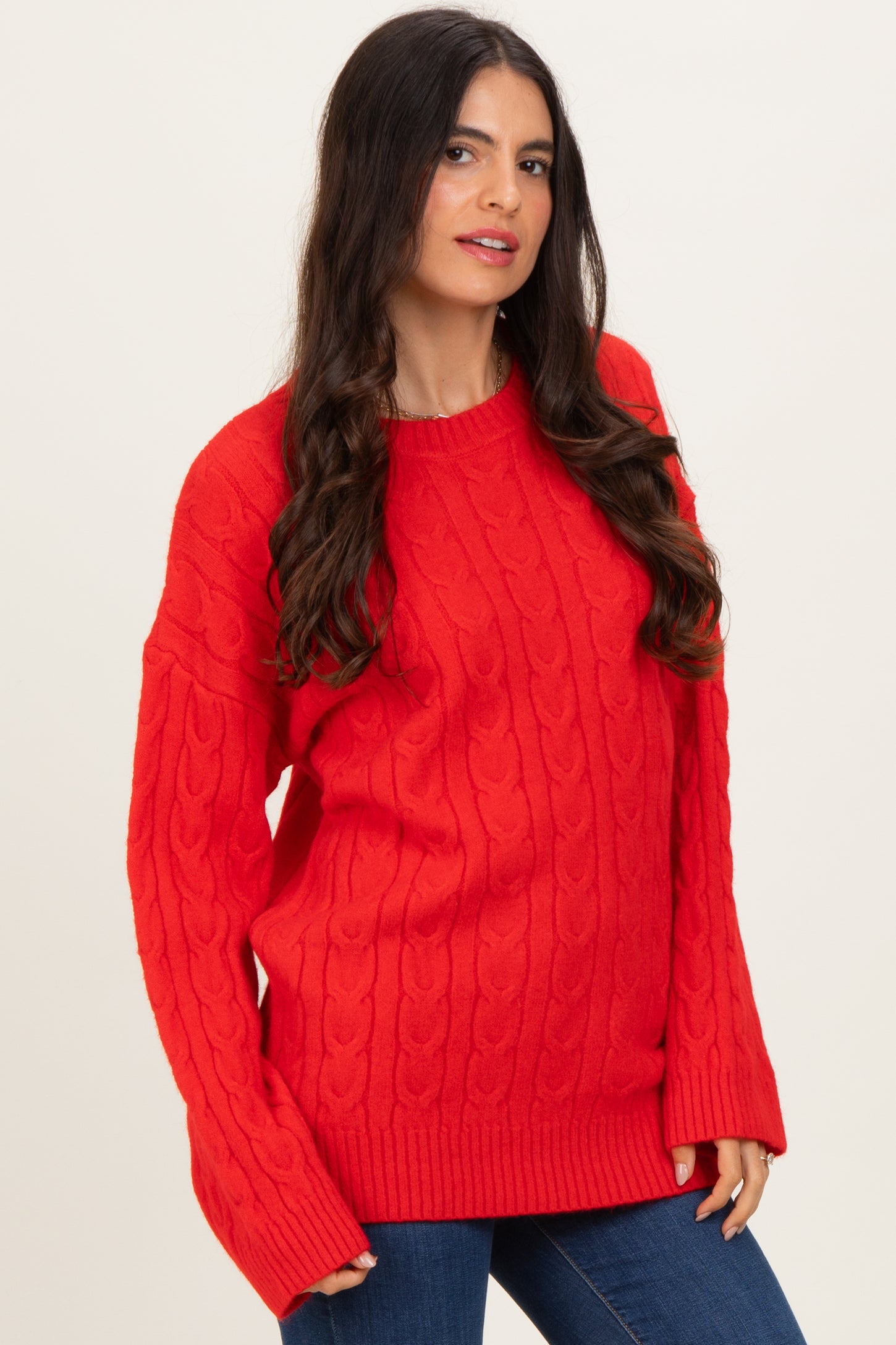 Red Braid Knit Pattern Soft Fluffy Sweater Top