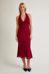 Red Mesh Pendant Halter Maternity Midi Dress