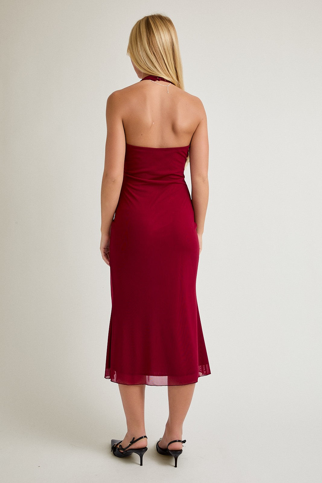 Red Mesh Pendant Halter Midi Dress