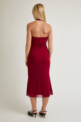 Red Mesh Pendant Halter Midi Dress