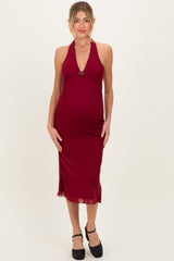 Red Mesh Pendant Halter Maternity Midi Dress
