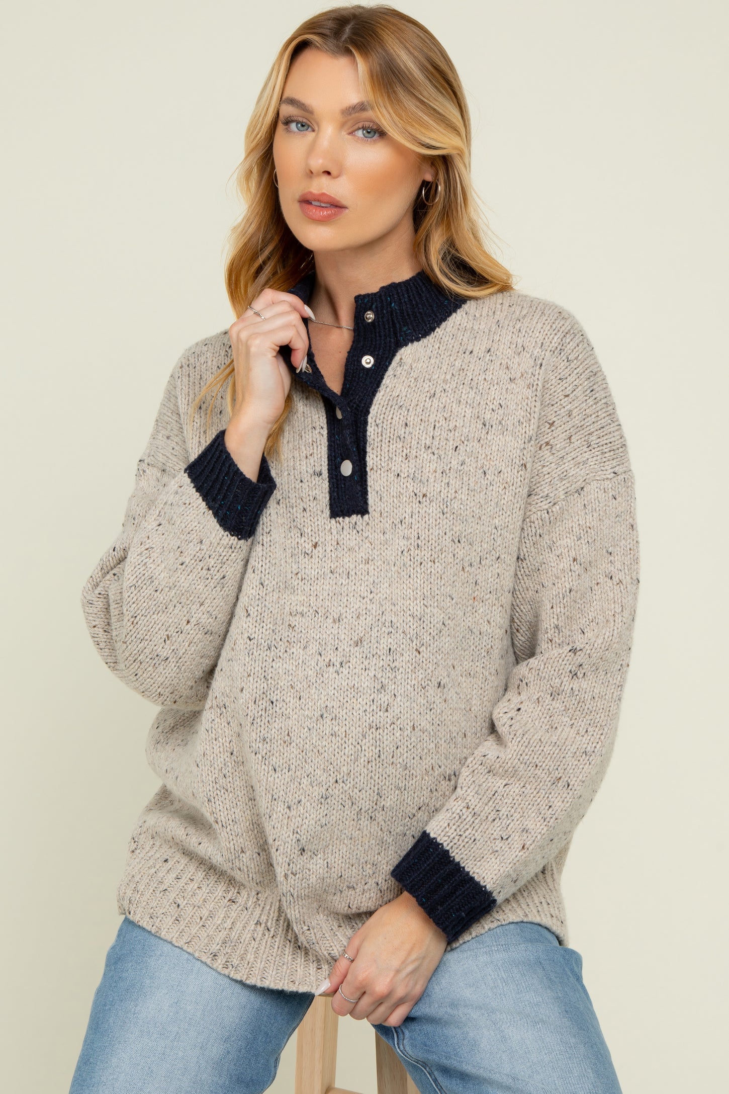 Beige Speckle Knit Snap Button Oversized Maternity Sweater
