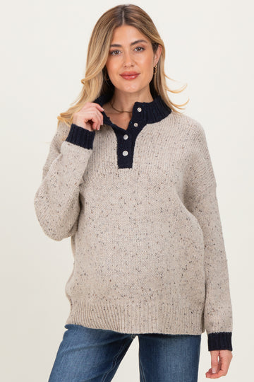 Beige Speckle Knit Snap Button Oversized Maternity Sweater
