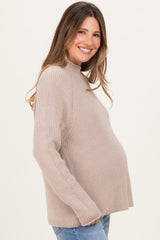 Beige Mock Neck Ribbed Knit Basic Maternity Sweater Top