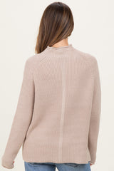 Beige Mock Neck Ribbed Knit Basic Maternity Sweater Top