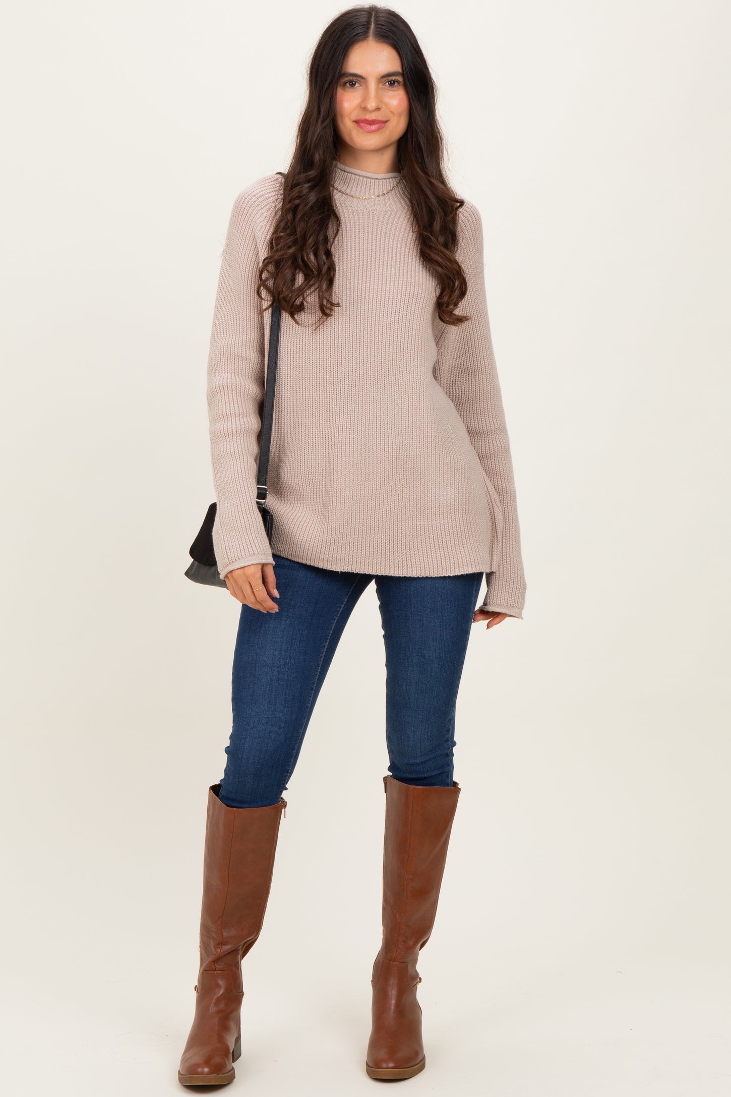 Beige Mock Neck Ribbed Knit Basic Sweater Top