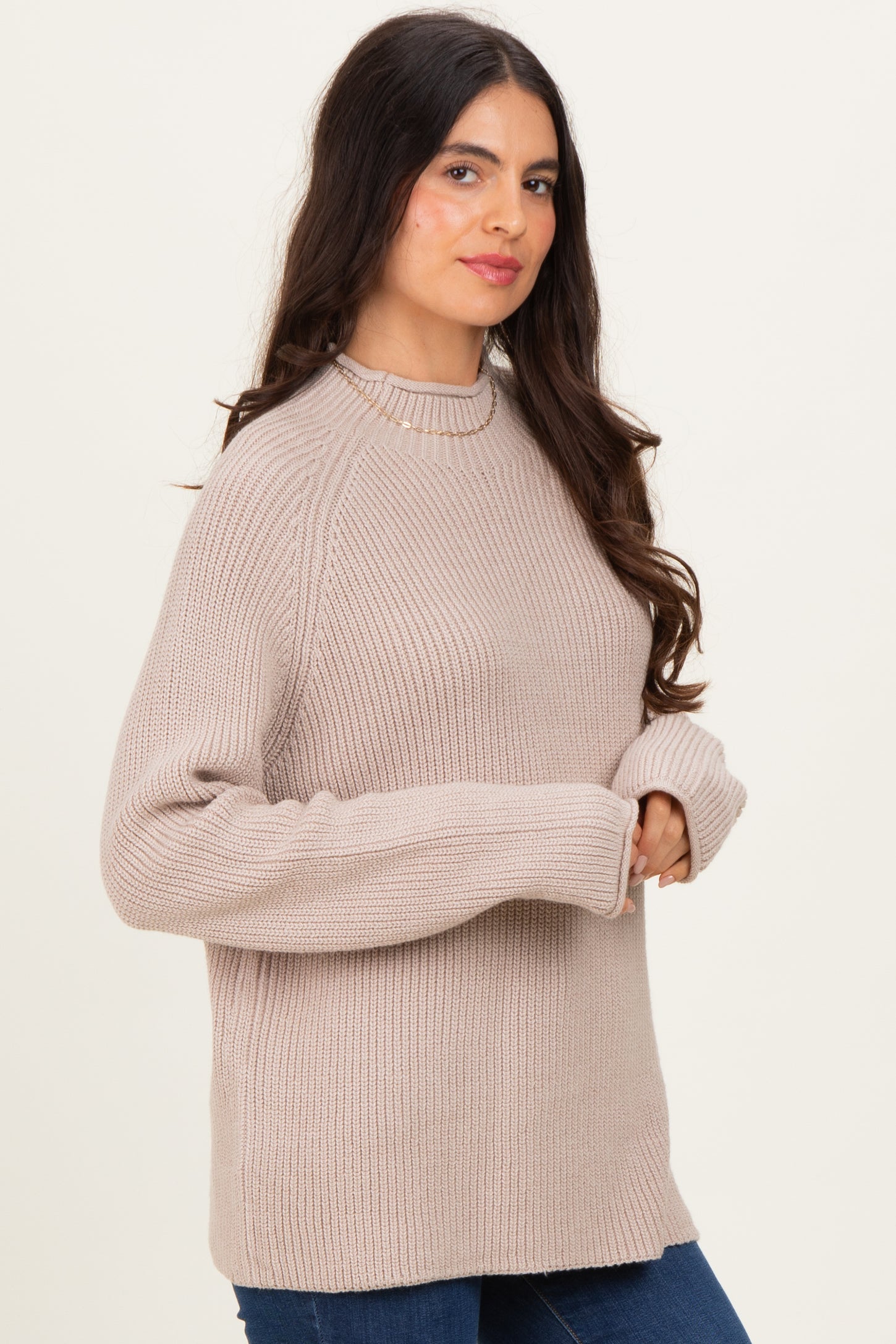 Beige Mock Neck Ribbed Knit Basic Sweater Top