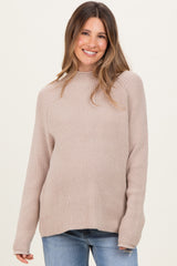 Beige Mock Neck Ribbed Knit Basic Maternity Sweater Top