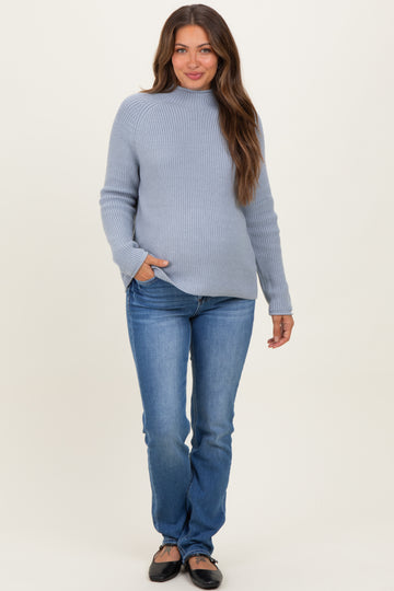 Light Blue Mock Neck Ribbed Knit Basic Maternity Sweater Top