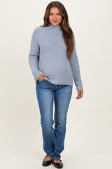 Light Blue Mock Neck Ribbed Knit Basic Maternity Sweater Top