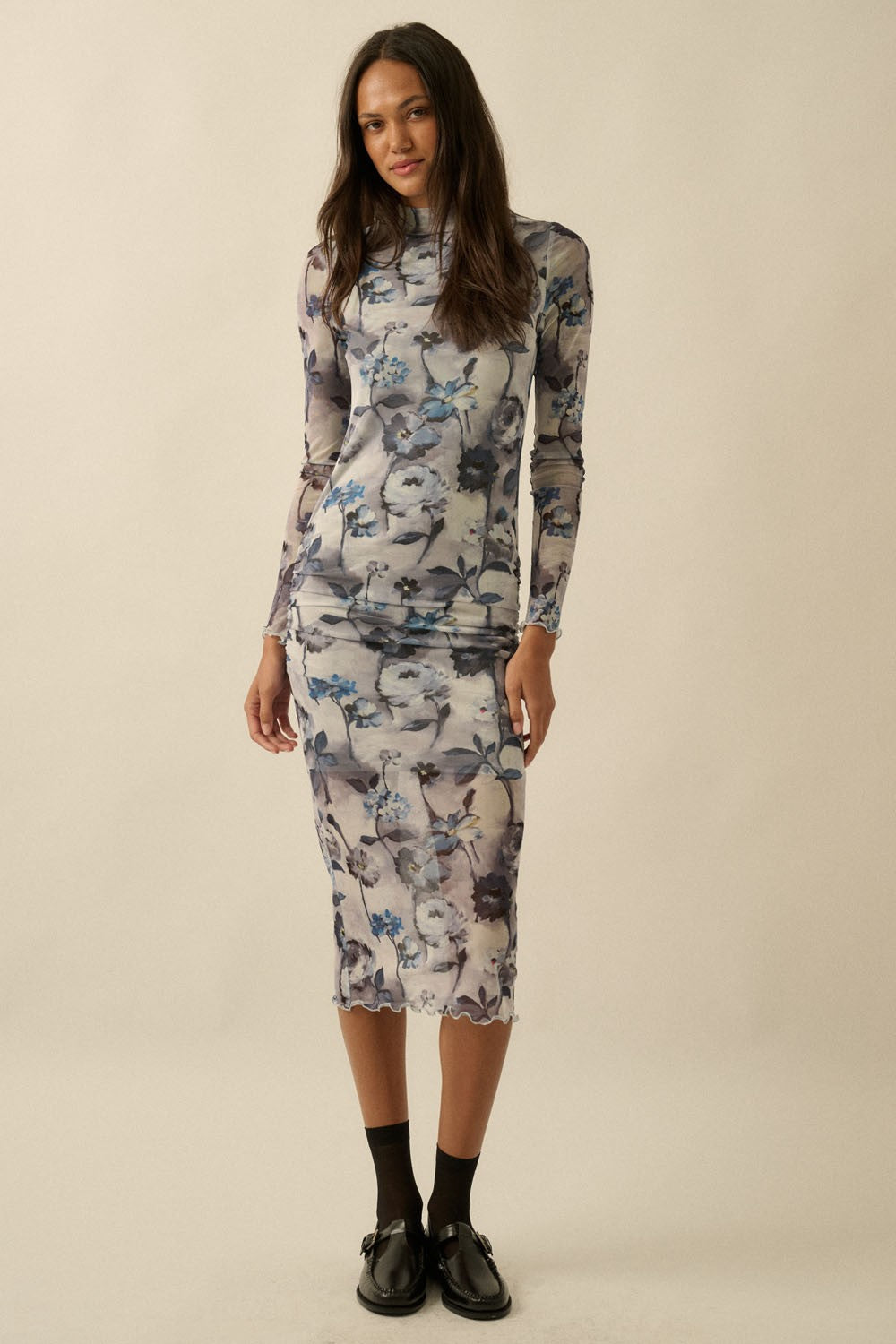 Blue Floral Mesh Long Sleeve Maternity Midi Dress