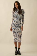 Blue Floral Mesh Long Sleeve Maternity Midi Dress