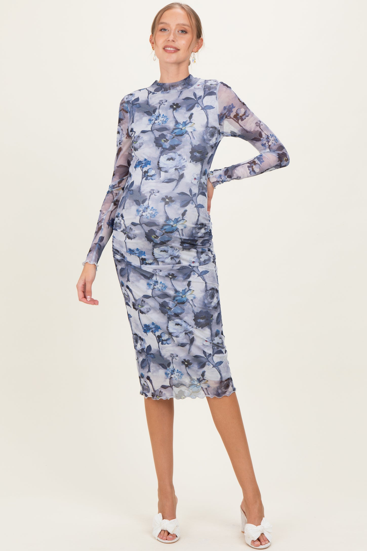 Blue Floral Mesh Long Sleeve Maternity Midi Dress Blue Floral Mesh Long Sleeve Maternity Midi Dress