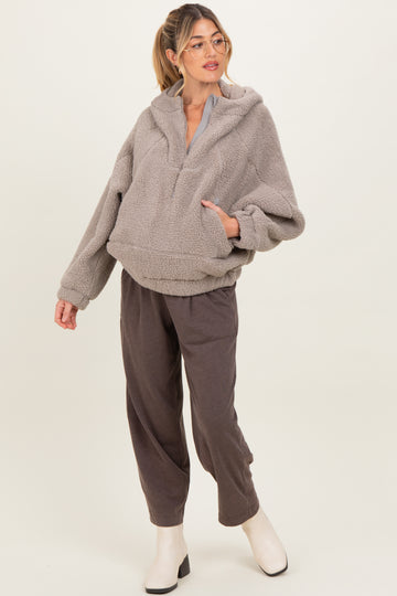 Dark Taupe Faux Sherpa Quarter Zip Maternity Hoodie