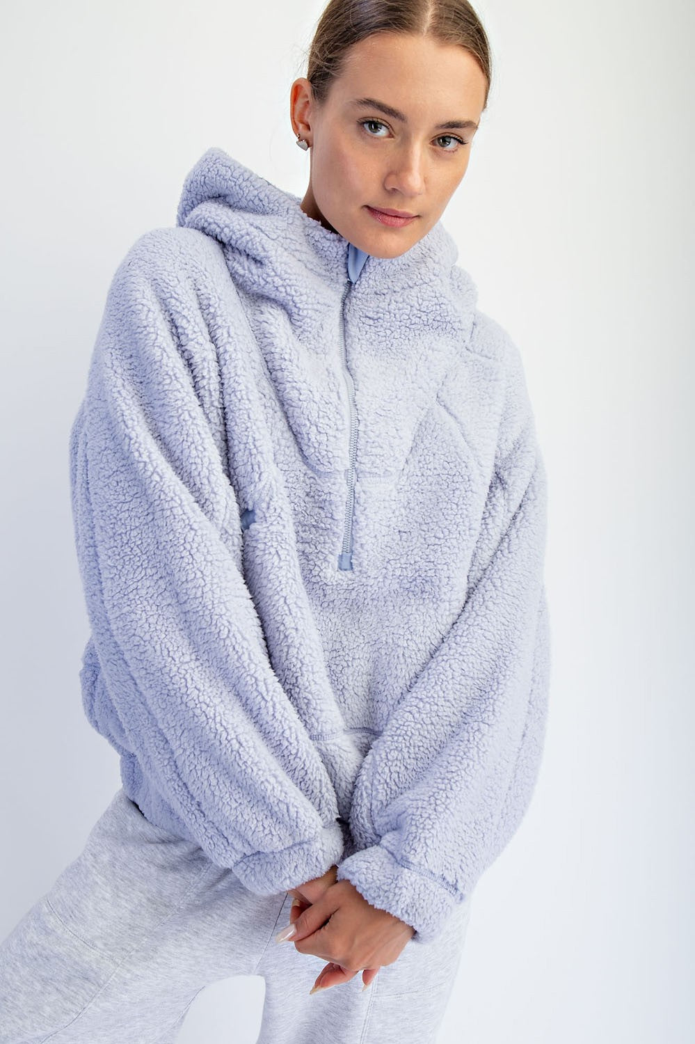 Lavender Faux Sherpa Quarter Zip Maternity Hoodie
