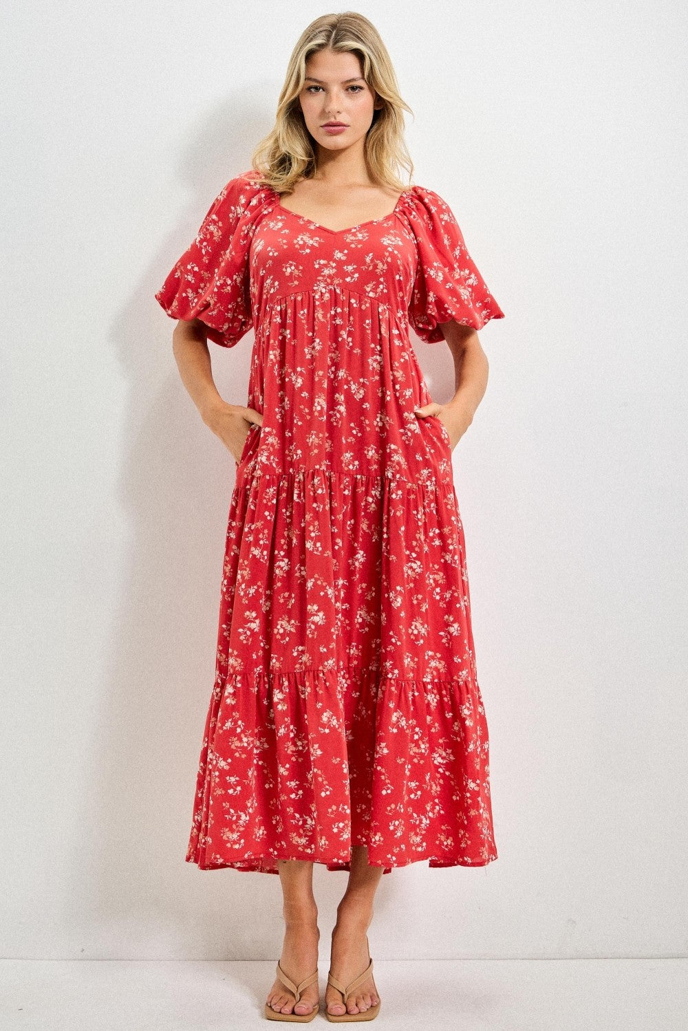 Red Floral Tiered Puff Sleeve Maternity Midi Dress