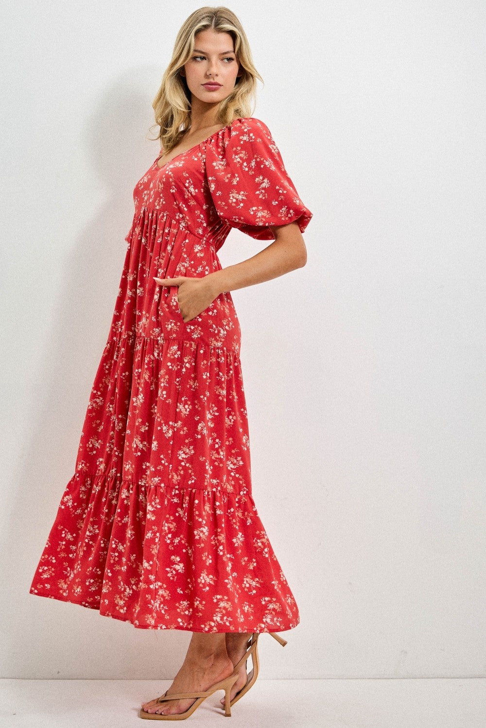 red floral tiered dress Red Floral Tiered Puff Sleeve Midi Dress