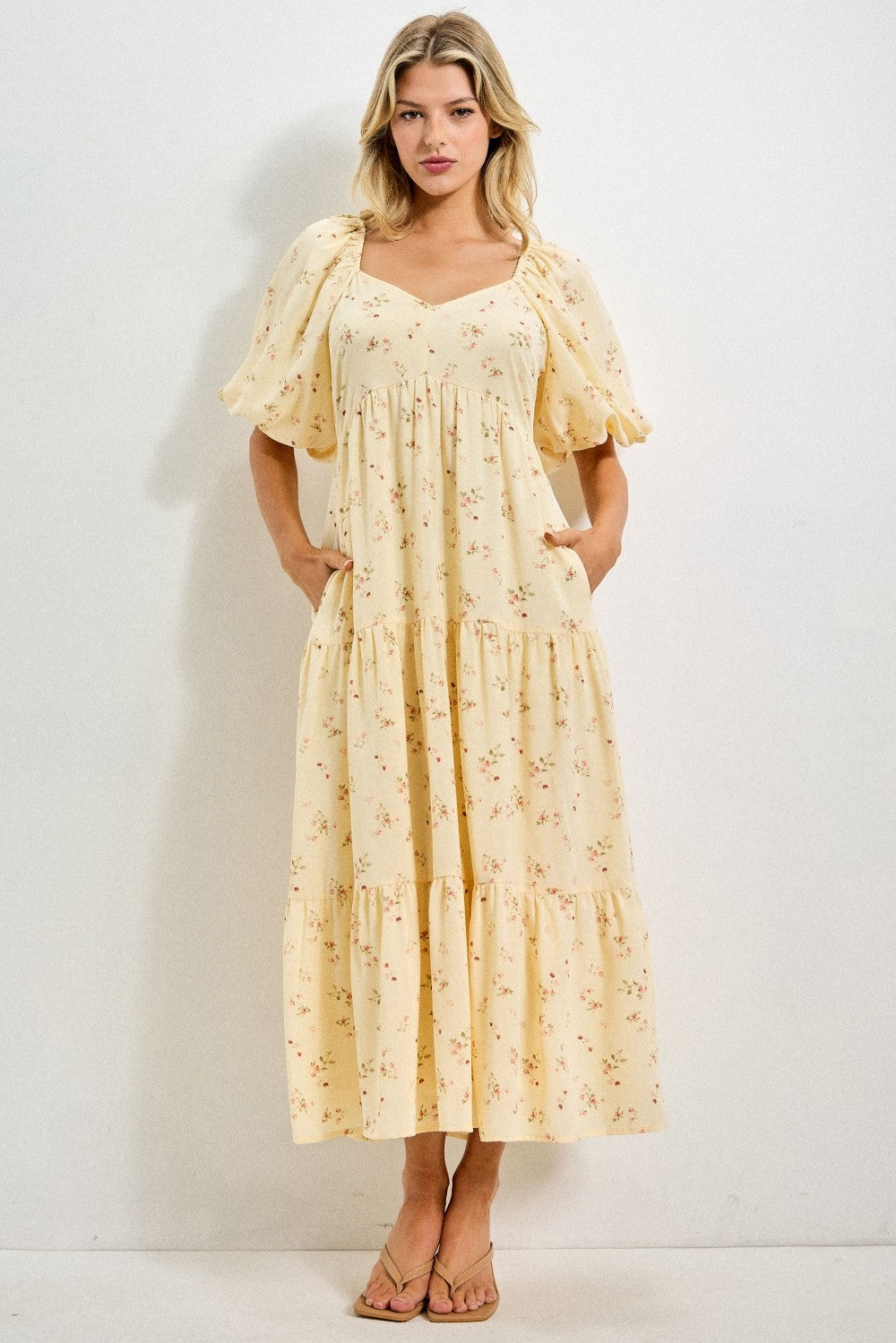knee length dresses for ladies Butter Yellow Floral Tiered Puff Sleeve Midi Dress