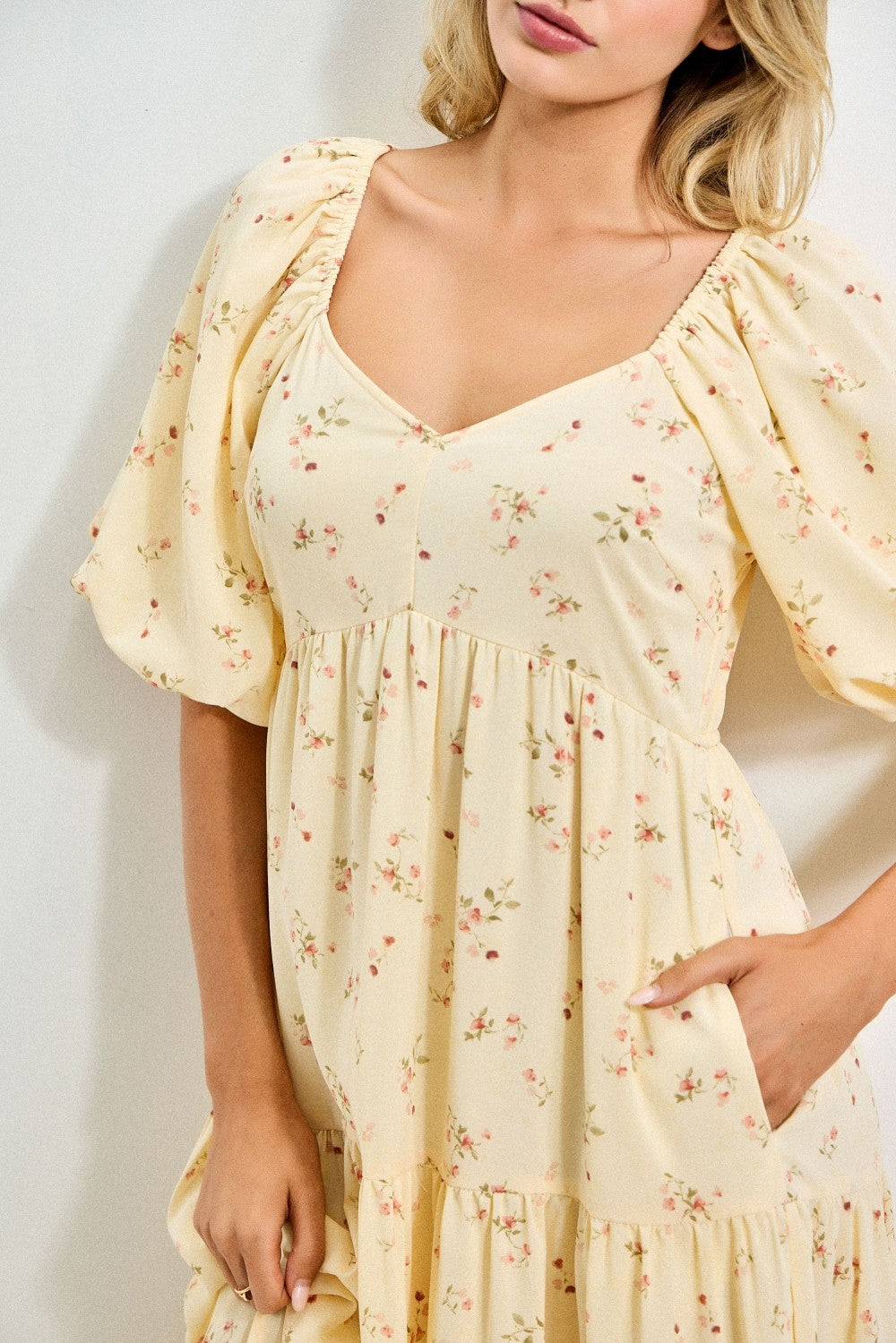 Butter Yellow Floral Tiered Puff Sleeve Midi Dress PinkBlush Butter Yellow Floral Tiered Puff Sleeve Midi Dress PinkBlush