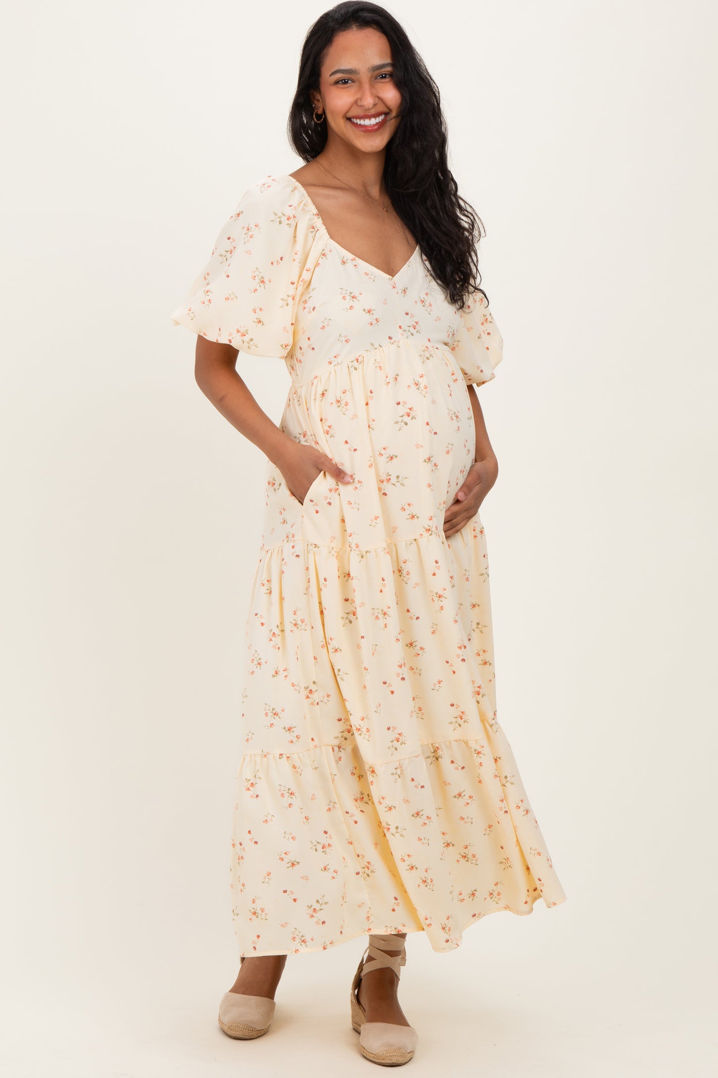 Butter Yellow Floral Tiered Puff Sleeve Maternity Midi Dress