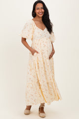 Butter Yellow Floral Tiered Puff Sleeve Maternity Midi Dress
