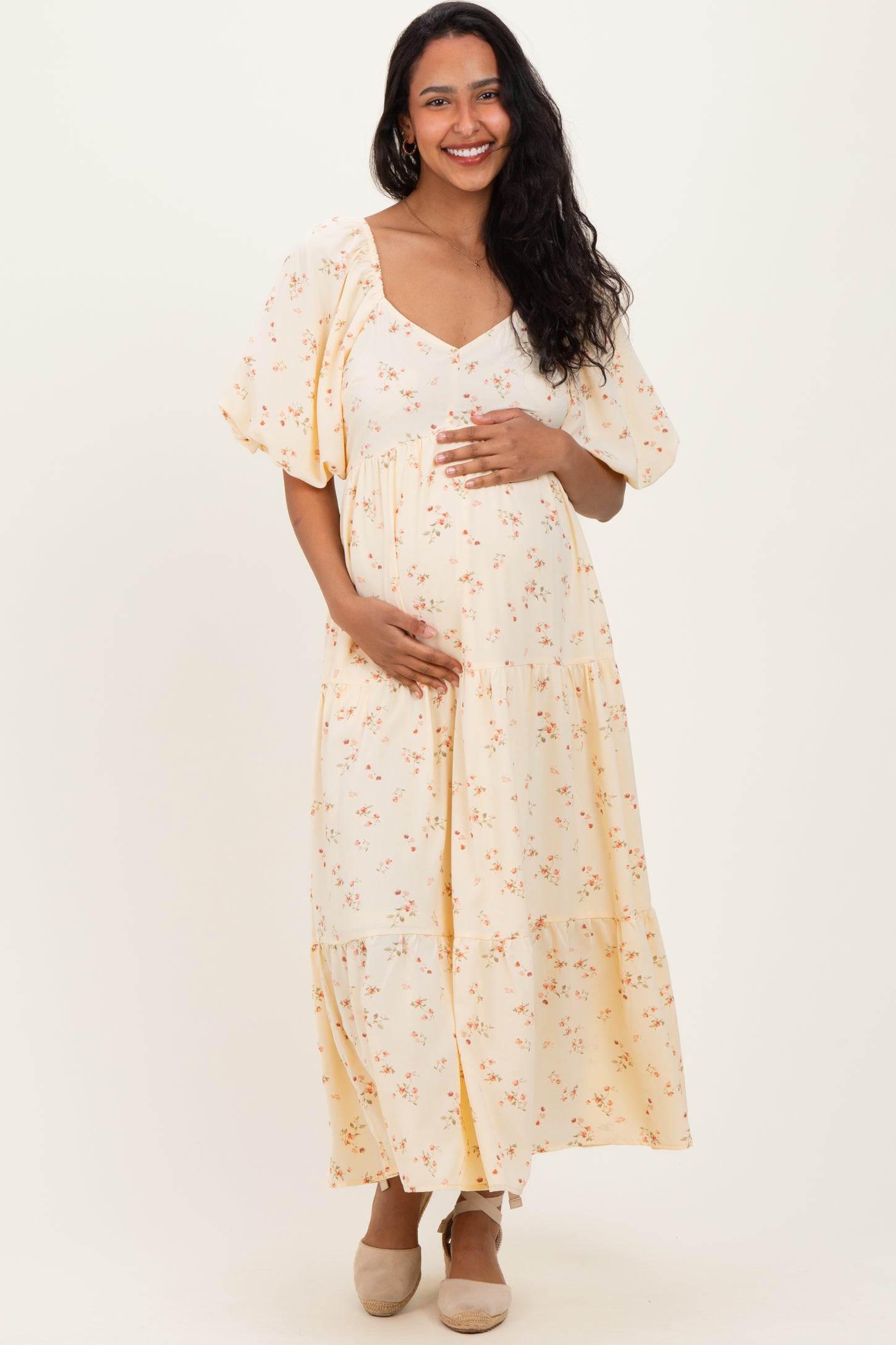 Butter Yellow Floral Tiered Puff Sleeve Maternity Midi Dress