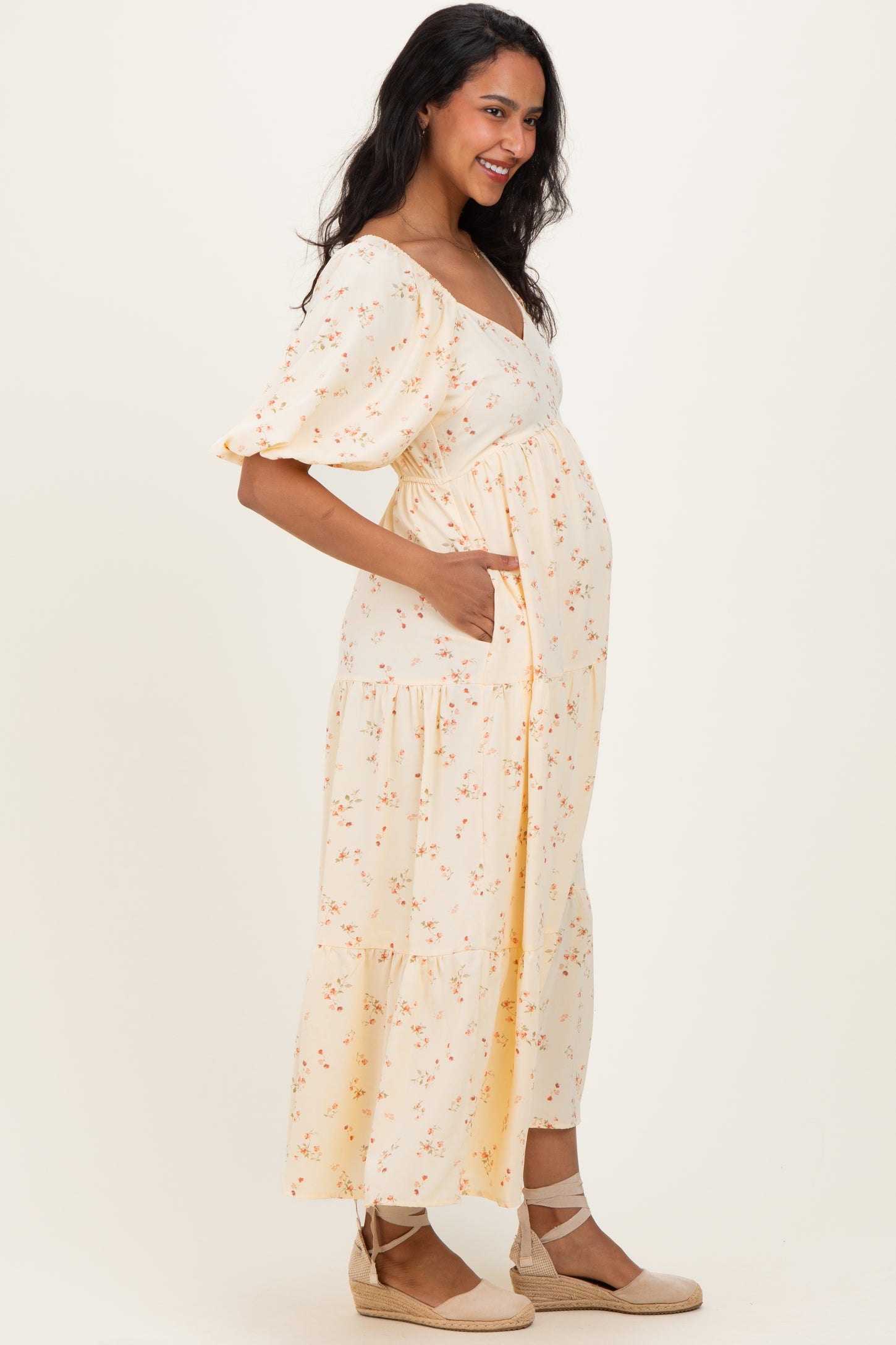 Butter Yellow Floral Tiered Puff Sleeve Maternity Midi Dress