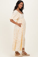 Butter Yellow Floral Tiered Puff Sleeve Maternity Midi Dress