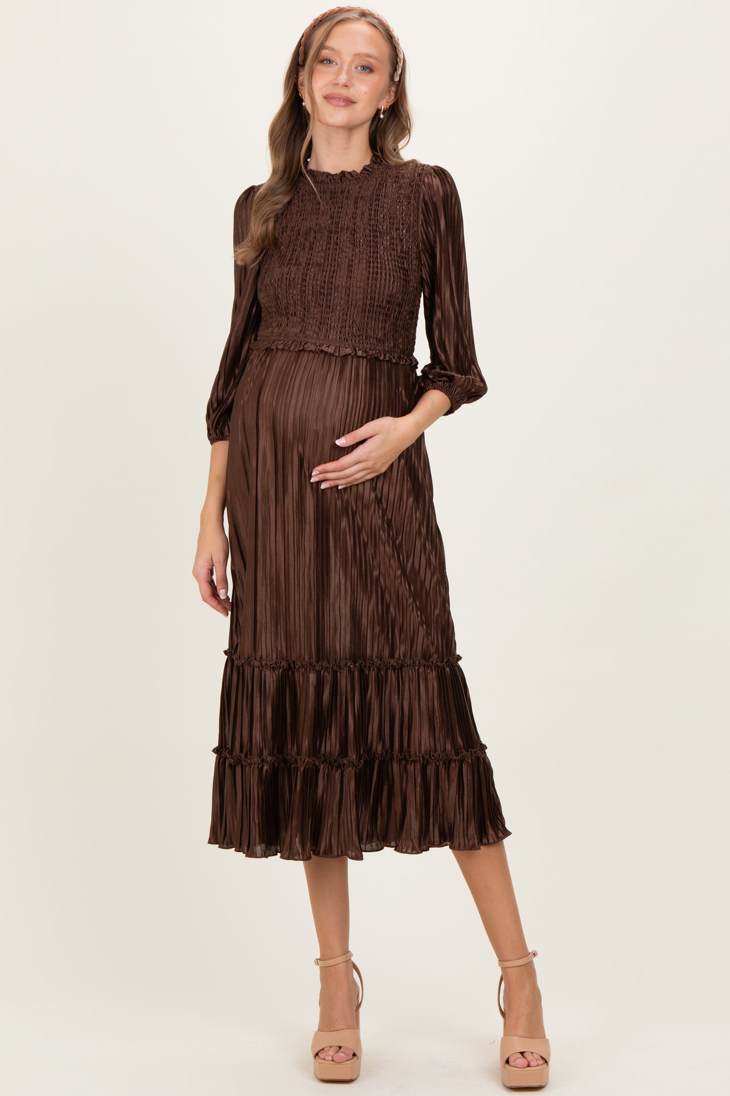 Brown Pleated Satin Smocked Bodice Maternity Midi Dress