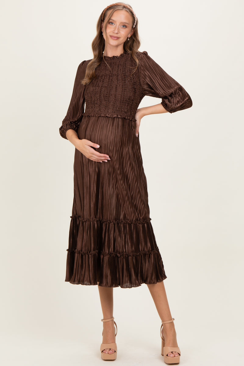 Brown Pleated Satin Smocked Bodice Maternity Midi Dress – PinkBlush