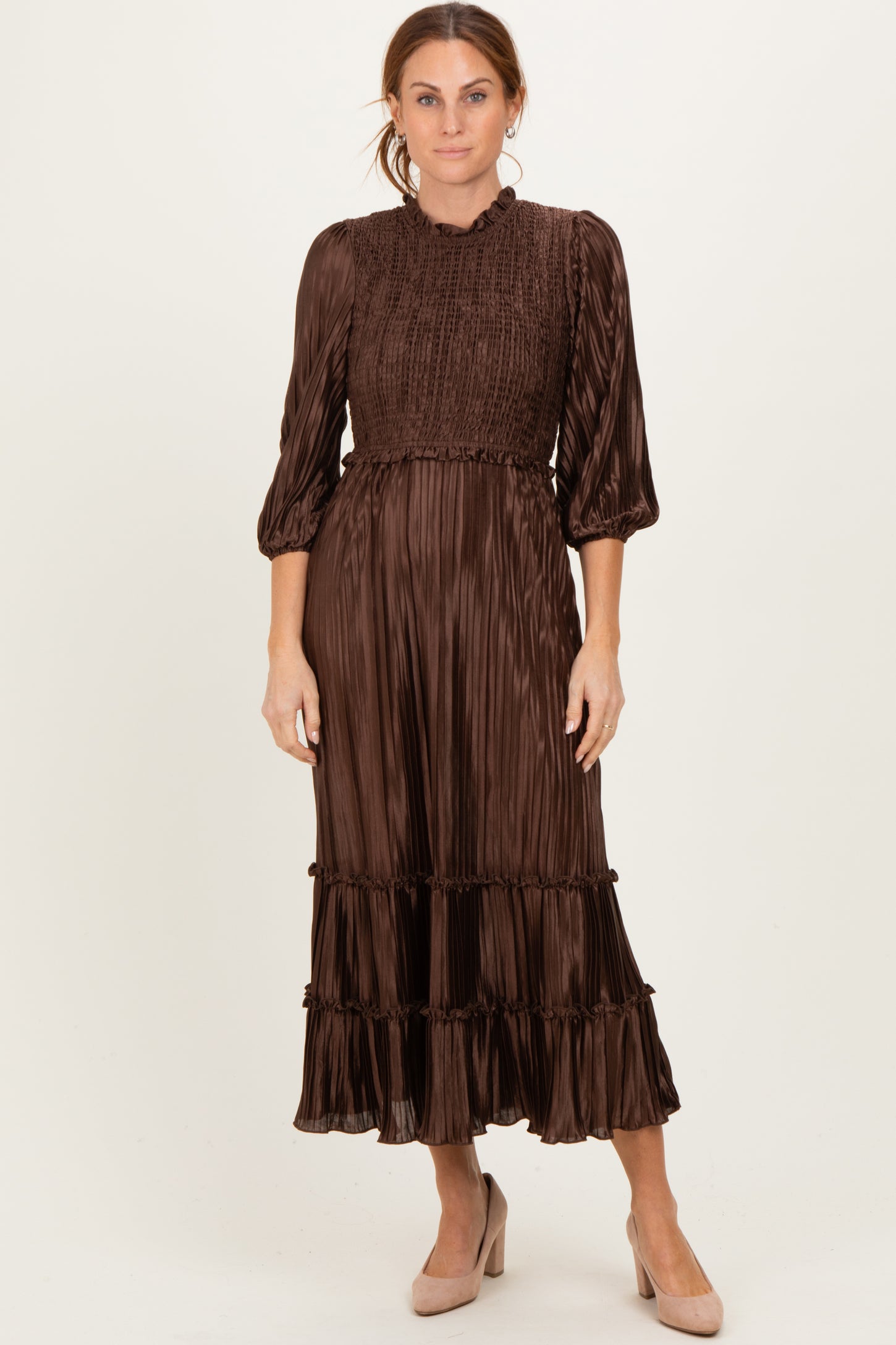 Brown Pleated Satin Smocked Bodice Maternity Midi Dress Brown Pleated Satin Smocked Bodice Maternity Midi Dress