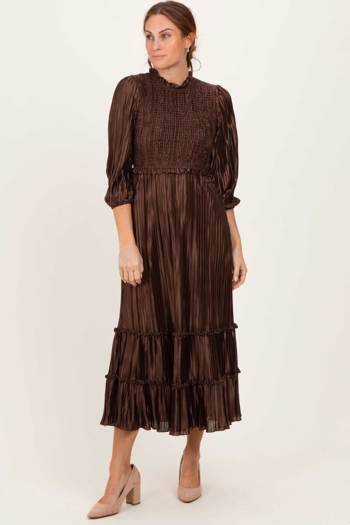 brown smocked midi dress Forever Summer Smocked Midi Dark Brown The Dirt Road (TDR)