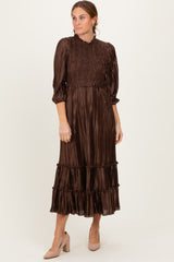 Brown Pleated Satin Smocked Bodice Midi Dress