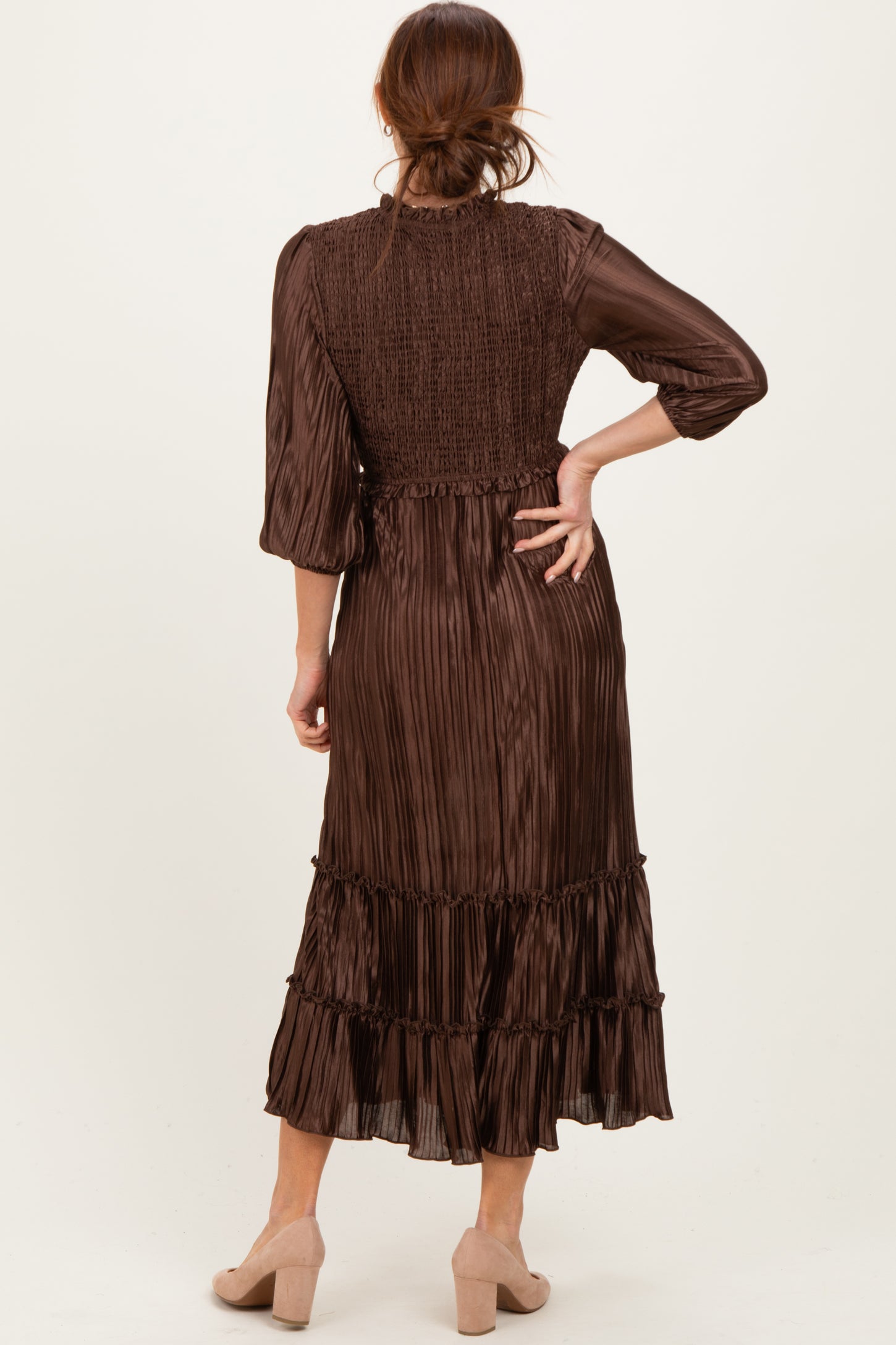 Brown Pleated Satin Smocked Bodice Midi Dress – PinkBlush