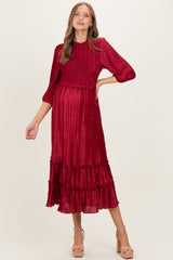 Burgundy Pleated Satin Smocked Bodice Maternity Midi Dress