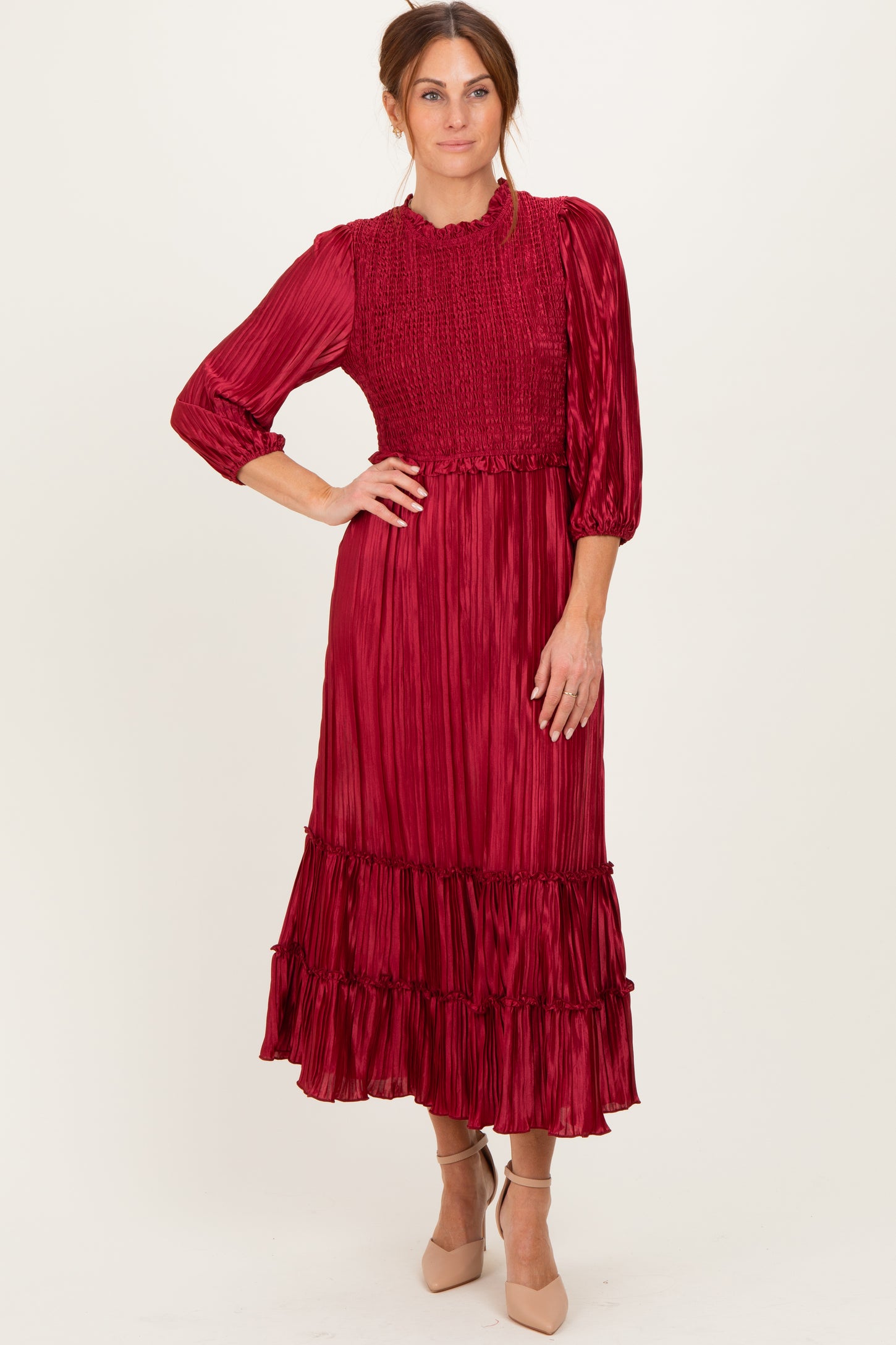 Burgundy Pleated Satin Smocked Bodice Midi Dress