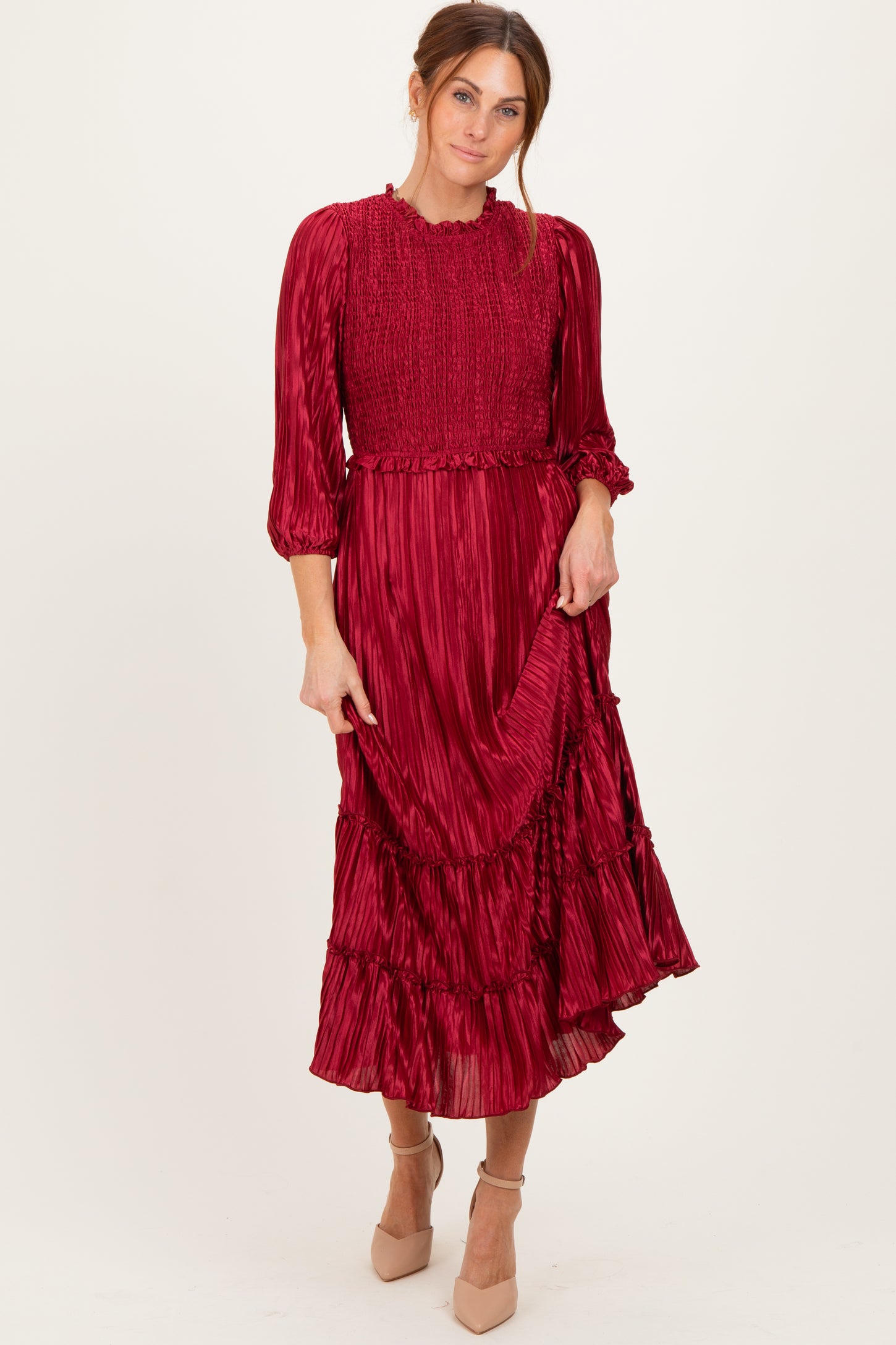 Burgundy Pleated Satin Smocked Bodice Maternity Midi Dress