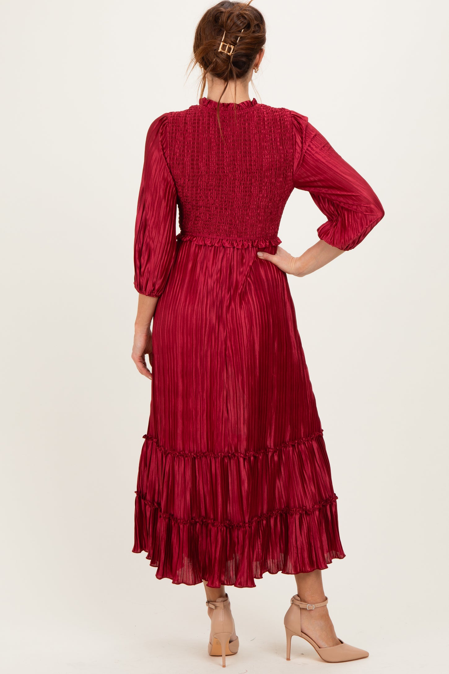 Burgundy Pleated Satin Smocked Bodice Midi Dress