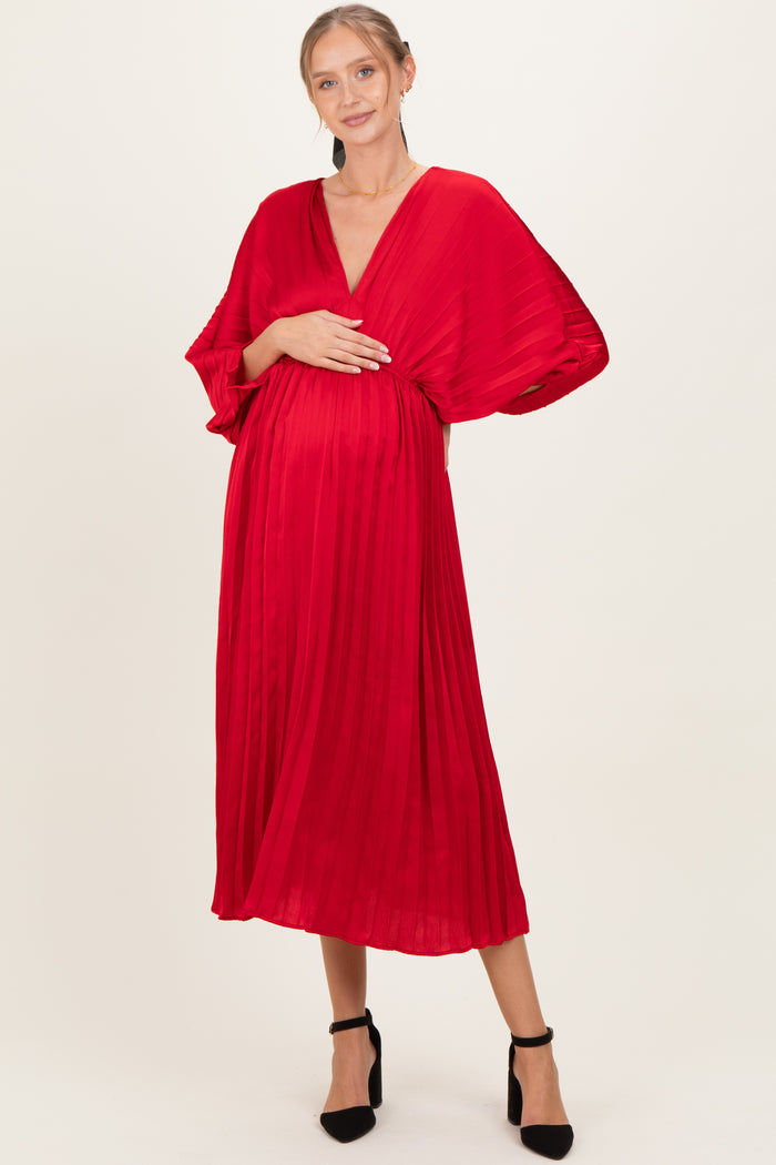 Red Satin Pleated V-Neck Maternity Maxi Dress