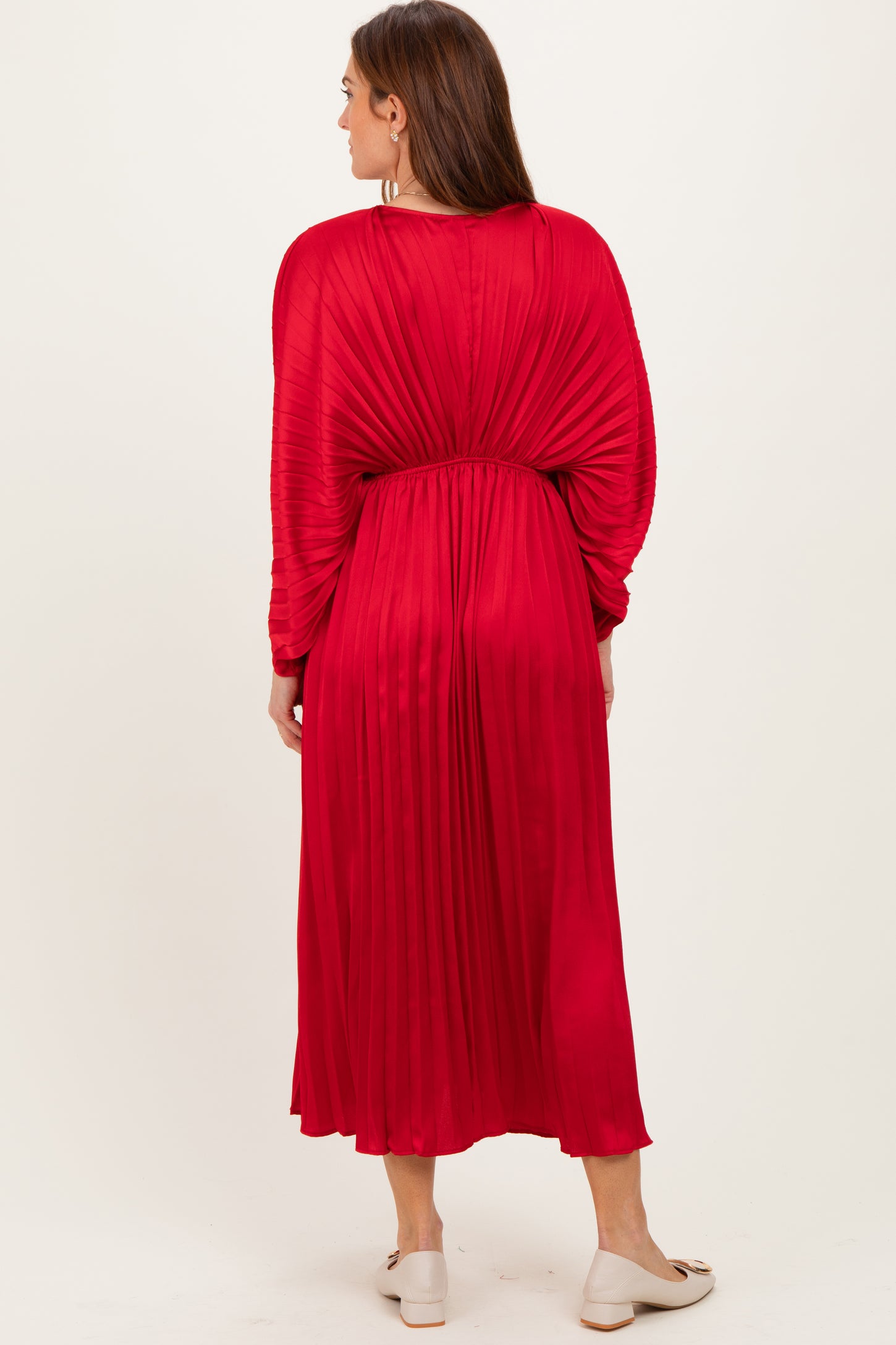 Red Satin Pleated V-Neck Maxi Dress