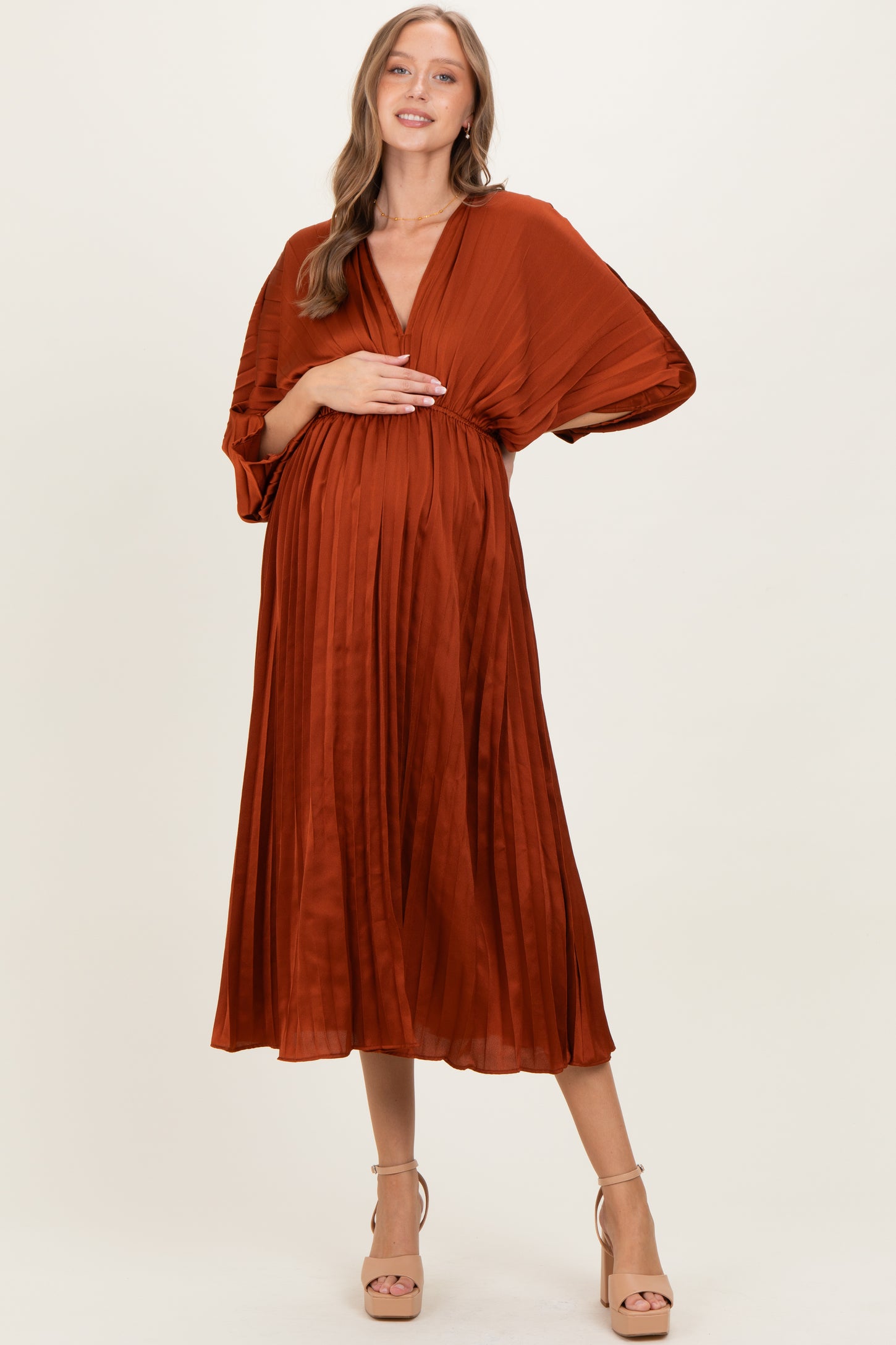 Brown Satin Pleated V-Neck Maternity Maxi Dress  PinkBlush