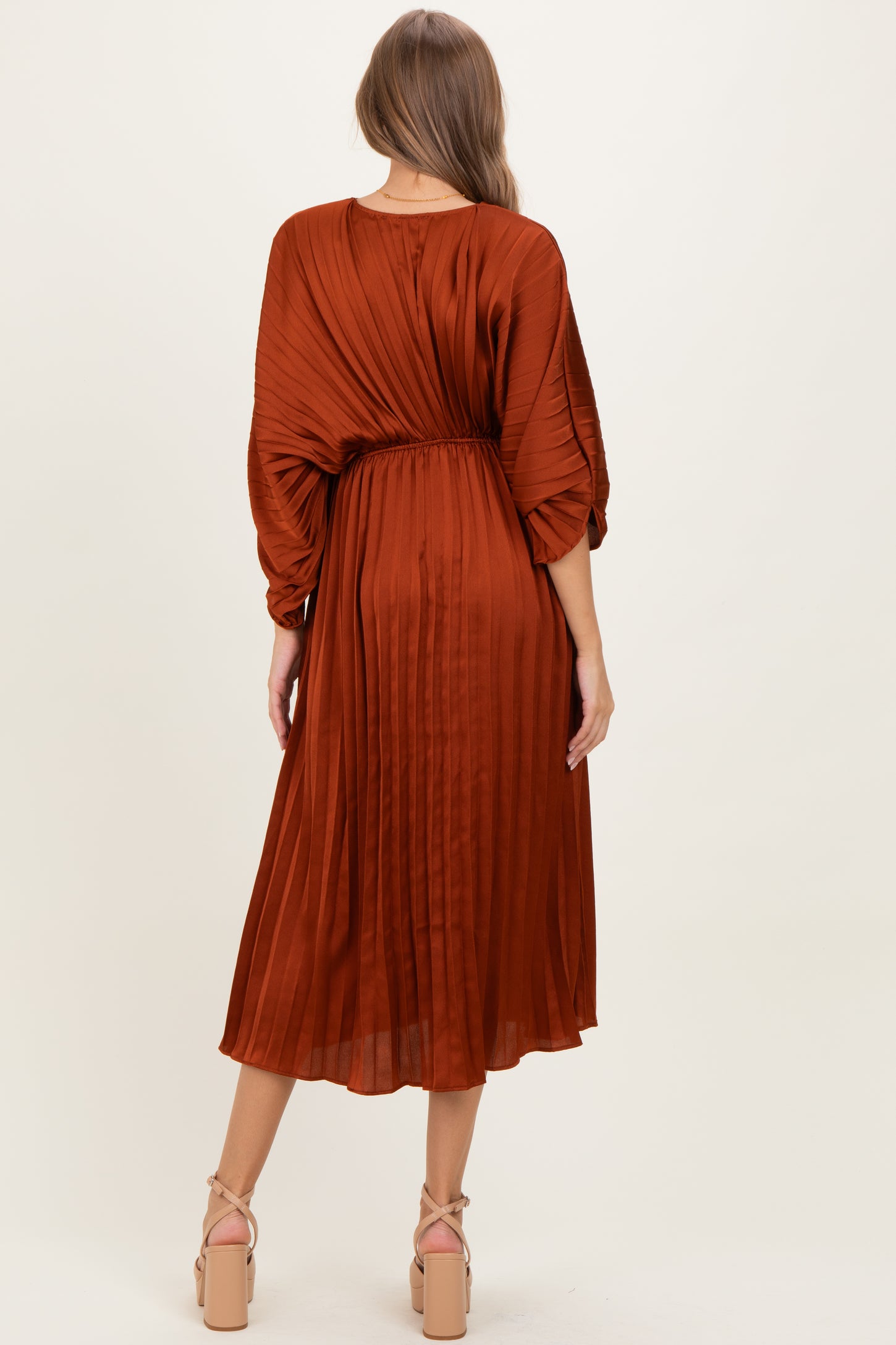 Brown Satin Pleated V-Neck Maternity Maxi Dress