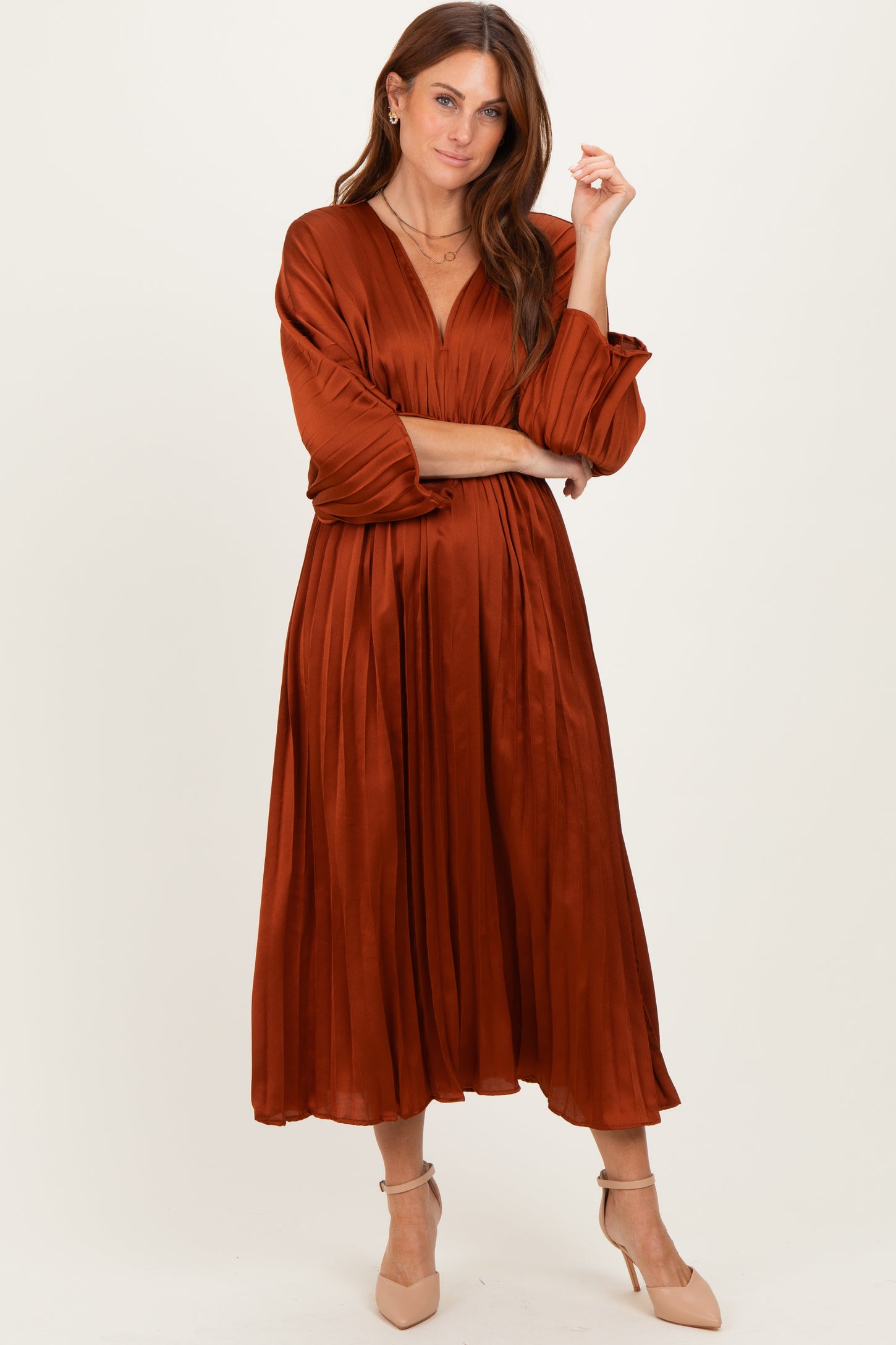 Brown Satin Pleated V-Neck Maxi Dress