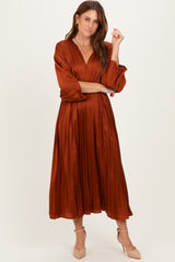 Brown Satin Pleated V-Neck Maxi Dress