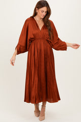 Brown Satin Pleated V-Neck Maxi Dress