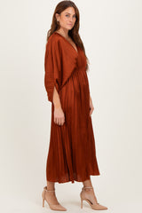 Brown Satin Pleated V-Neck Maxi Dress