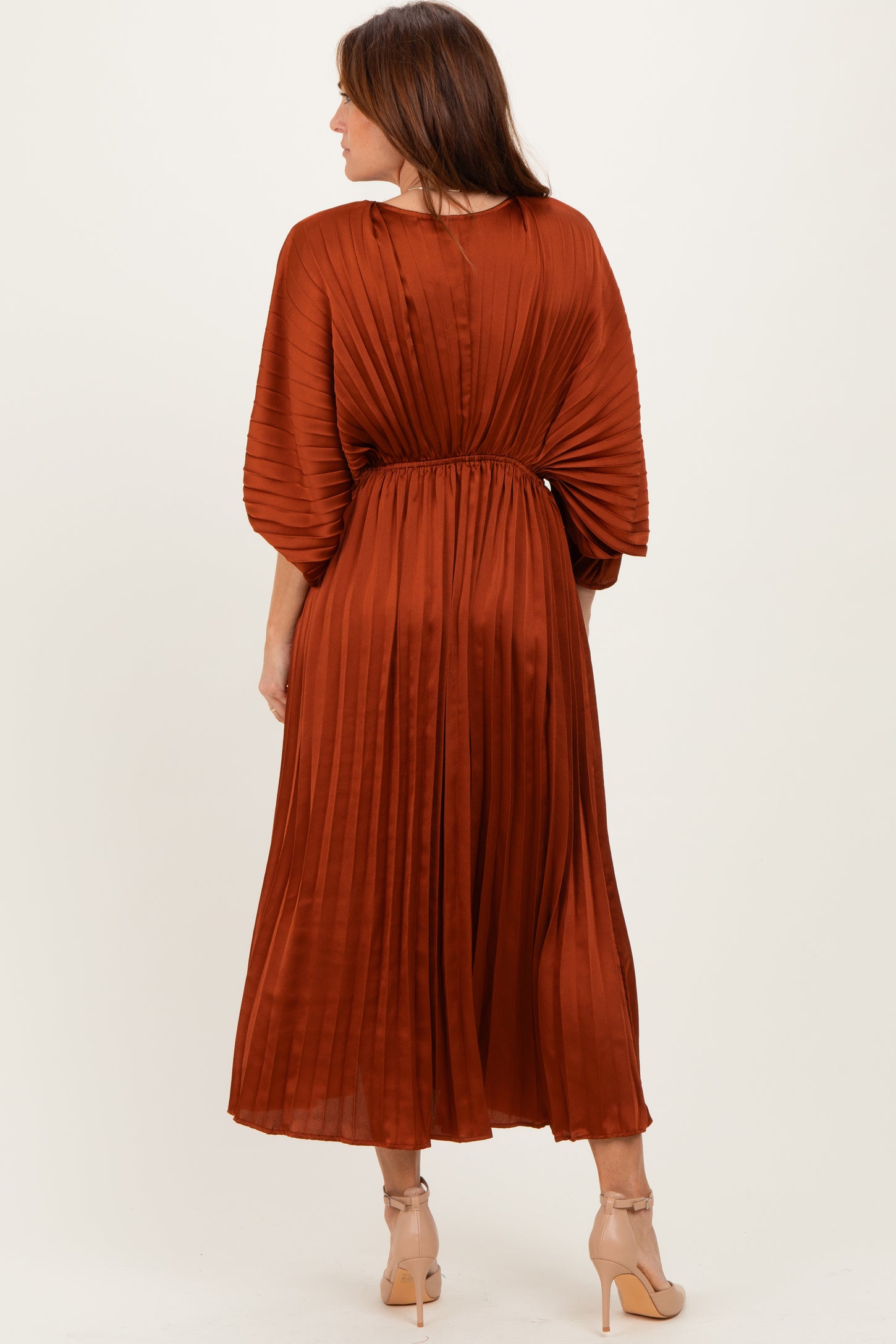 Brown Satin Pleated V-Neck Maxi Dress