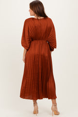 Brown Satin Pleated V-Neck Maxi Dress