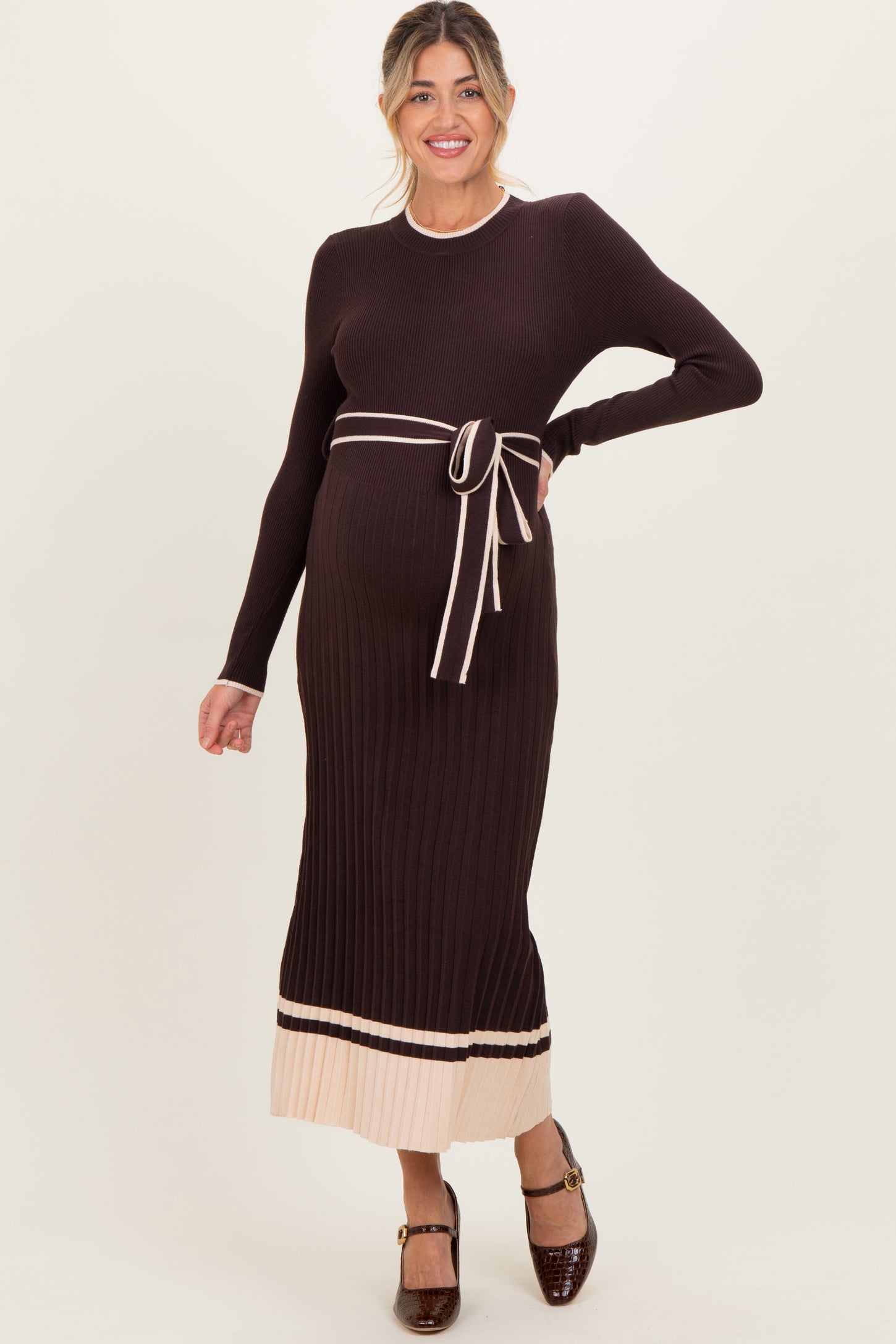 Brown Ribbed Midi Sweater Dress With Belt